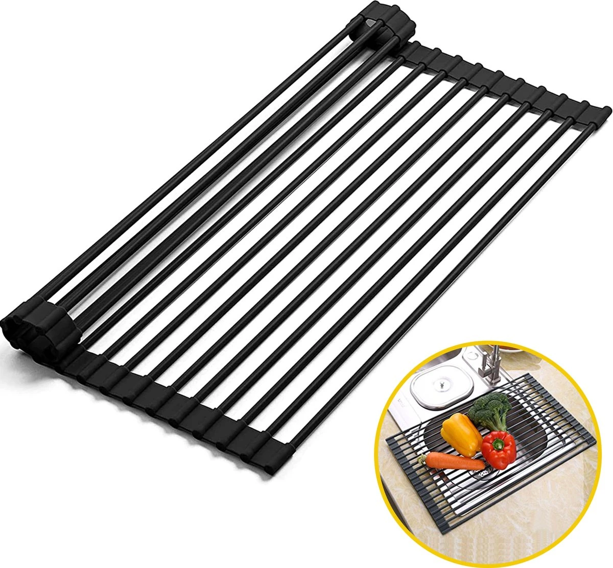 Kitch&Life Afdruiprek oprolbaar - Mat Zwart - Pannenonderzetter - Afdruipmat - Keukenrek 3-in-1 Kitch&Life Afdruiprek Oprolbaar - Mat Zwart - Pannenonderzetter - Afdruipmat - Keukenrek 3-in-1 -bol winkel 1200x1113 2