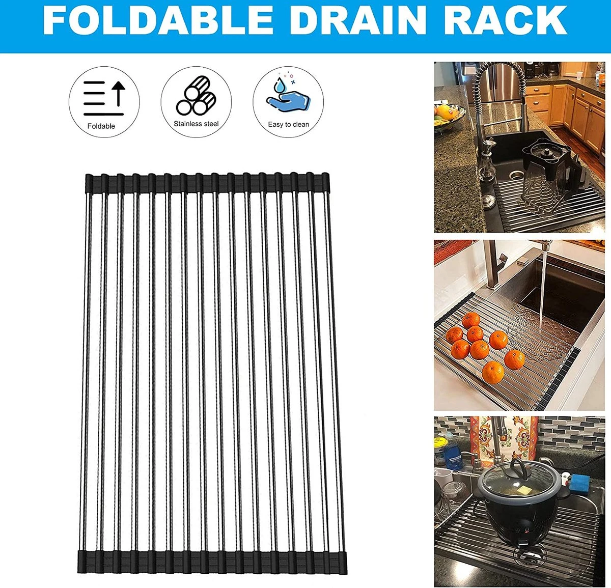 iBright Oprolbare Afdruiprek - Pannen rooster hittebestendig - Afdruiprooster - Pannenonderzetter - RVS Zwart IBright Oprolbare Afdruiprek - Pannen Rooster Hittebestendig - Afdruiprooster - Pannenonderzetter - RVS Zwart -bol winkel 1200x1155 2