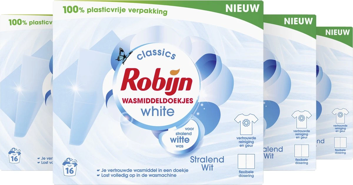 Robijn Classics Stralend Wit Wasmiddeldoekjes - 4 x 16 wasstrips - Voordeelverpakking Robijn Classics Stralend Wit Wasmiddeldoekjes - 4 X 16 Wasstrips - Voordeelverpakking -bol winkel
