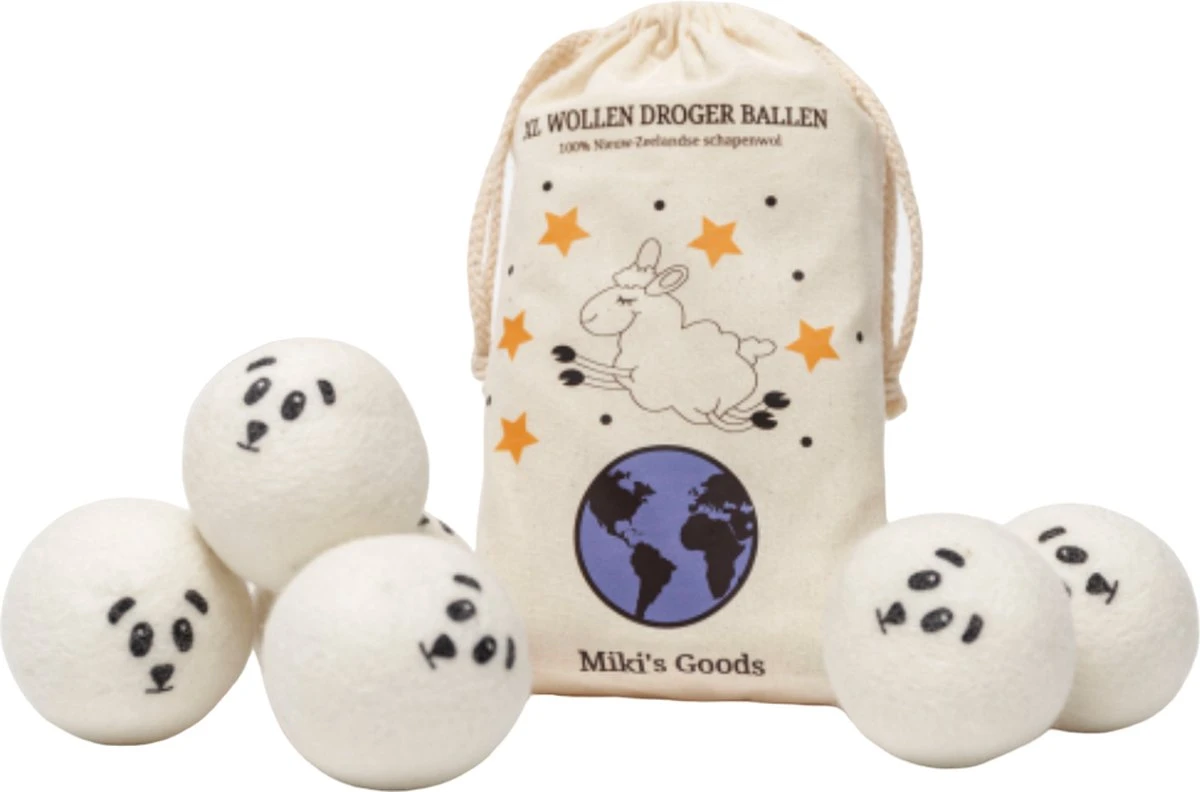Miki's Goods® XL Wollen Drogerballen 6 Stuks - Panda Wasballen - Duurzaam - Wasbol - 100% Nieuw-Zeelandse Schapenwol - Wasbollen - Herbruikbaar- Droogballen - Snellere Droogtijd - Zuigt Dierenharen Op Miki's Goods® XL Wollen Drogerballen 6 Stuks - Panda Wasballen - Duurzaam - Wasbol - 100% Nieuw-Zeelandse Schapenwol - Wasbollen - Herbruikbaar- Droogballen - Snellere Droogtijd - Zuigt Dierenharen Op -bol winkel