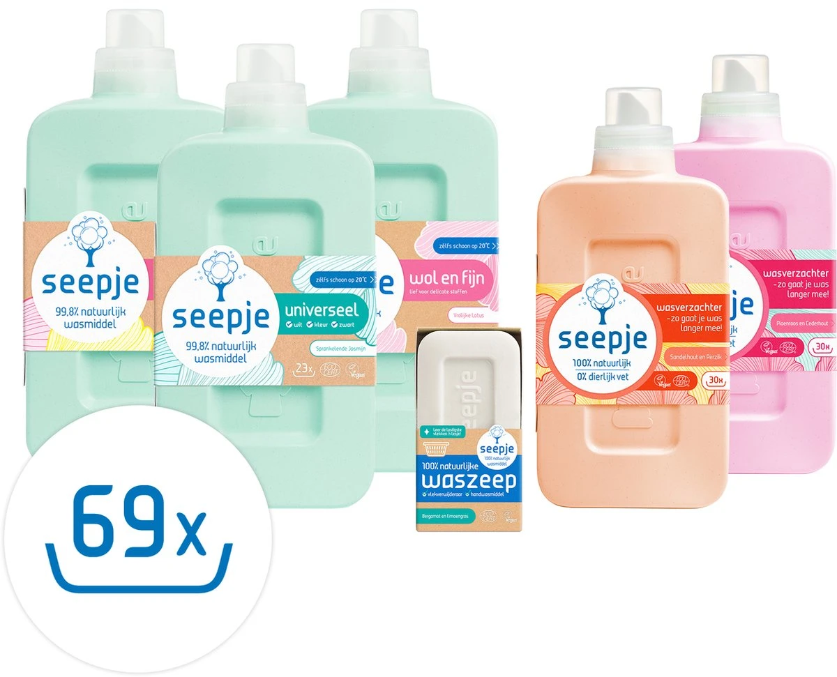 Seepje Wasfeest Pakket - 3 x Wasmiddel - 2 x Wasverzachter - Waszeep - Vlekkenverwijderaar - Natuurlijke Ingredienten - 69 wasbeurten Seepje Wasfeest Pakket - 3 X Wasmiddel - 2 X Wasverzachter - Waszeep - Vlekkenverwijderaar - Natuurlijke Ingredienten - 69 Wasbeurten -bol winkel 1200x971 2