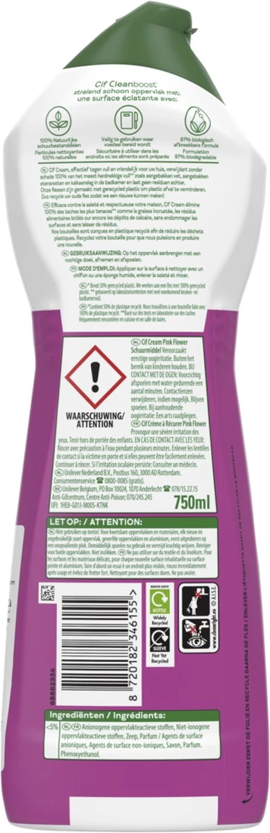 Cif CleanBoost Cream Pink Schuurmiddel - 8 x 750 ml - Voordeelverpakking Cif CleanBoost Cream Pink Schuurmiddel - 8 X 750 Ml - Voordeelverpakking -bol winkel