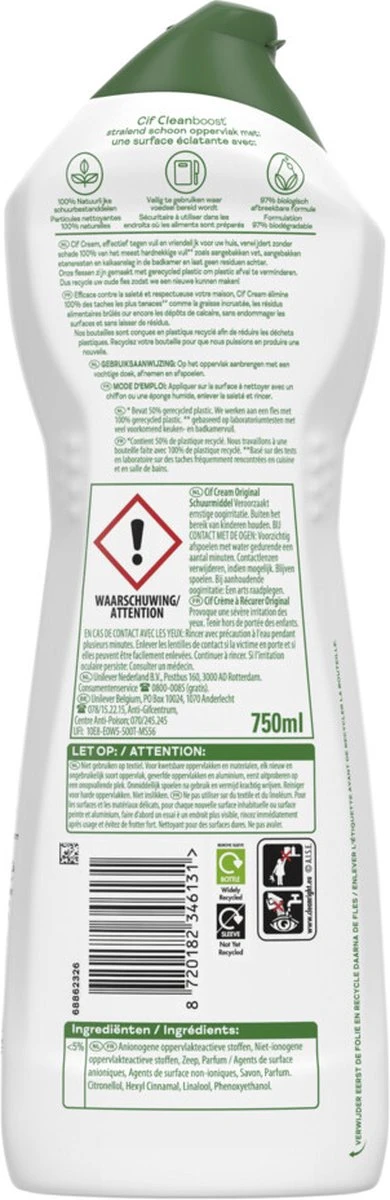 Cif CleanBoost Cream Original Schuurmiddel - 8 x 750 ml - Voordeelverpakking Cif CleanBoost Cream Original Schuurmiddel - 8 X 750 Ml - Voordeelverpakking -bol winkel 390x1200 6