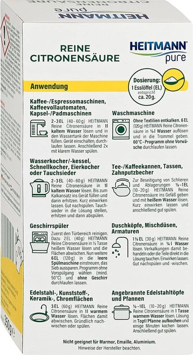 HEITMANN pure Ontkalker- Citroenzuur Ontkalker, Natuurvriendelijke Kalkreiniger voor een Hygiënische Reiniging - poeder, 1x 350 g HEITMANN Pure Ontkalker- Citroenzuur Ontkalker, Natuurvriendelijke Kalkreiniger Voor Een Hygiënische Reiniging - Poeder, 1x 350 G -bol winkel
